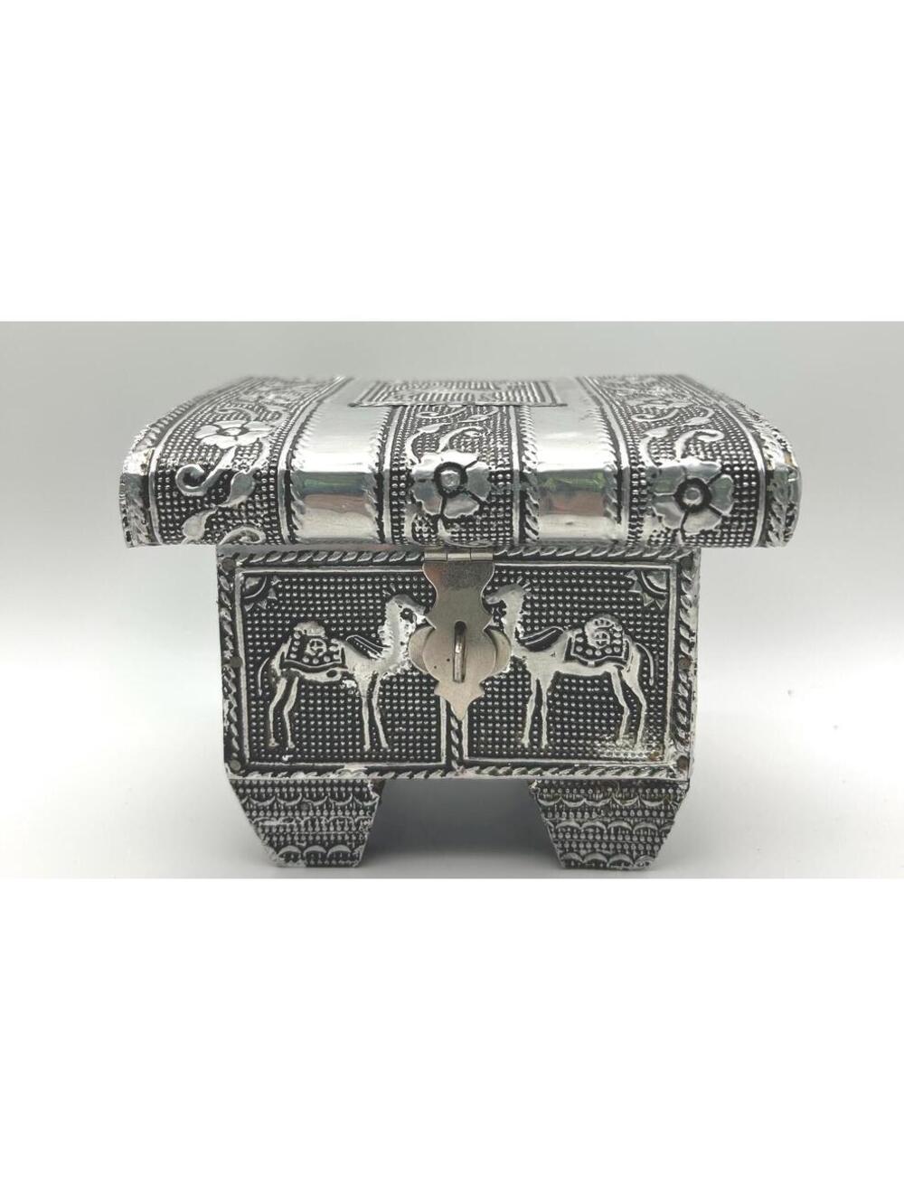 Ornate Silver Tin Over Wood Trinket Box with Embosssed Camels and Flowers